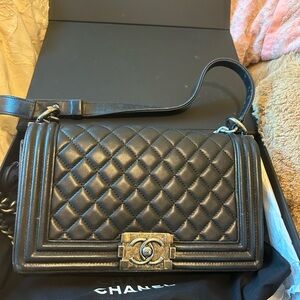 CHANEL Black Quilted Boy Shoulder Bag with Gold Hardware *Well used